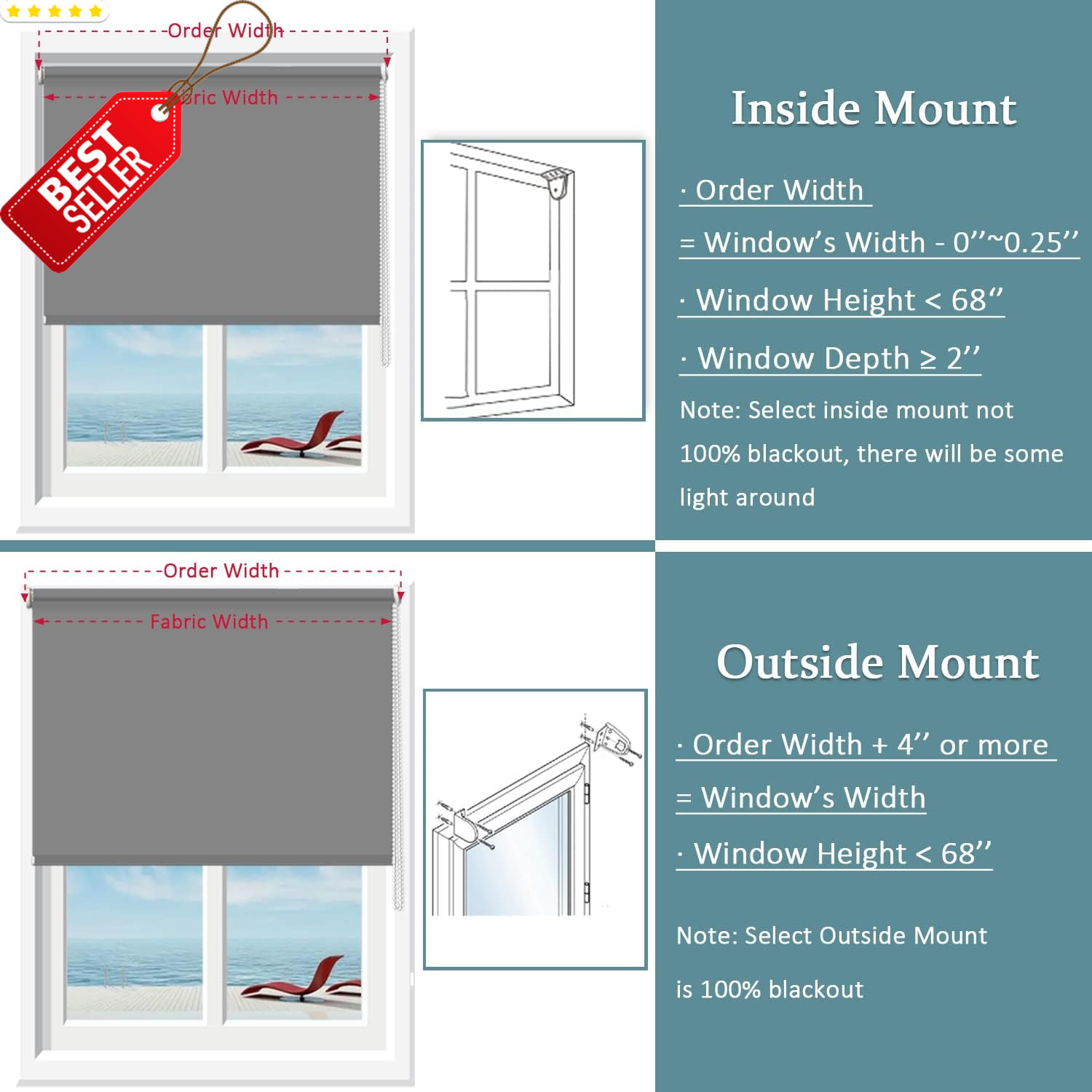 Blackout Roller Blinds 25x68in Thermal Insulated Window Shade Home Office US