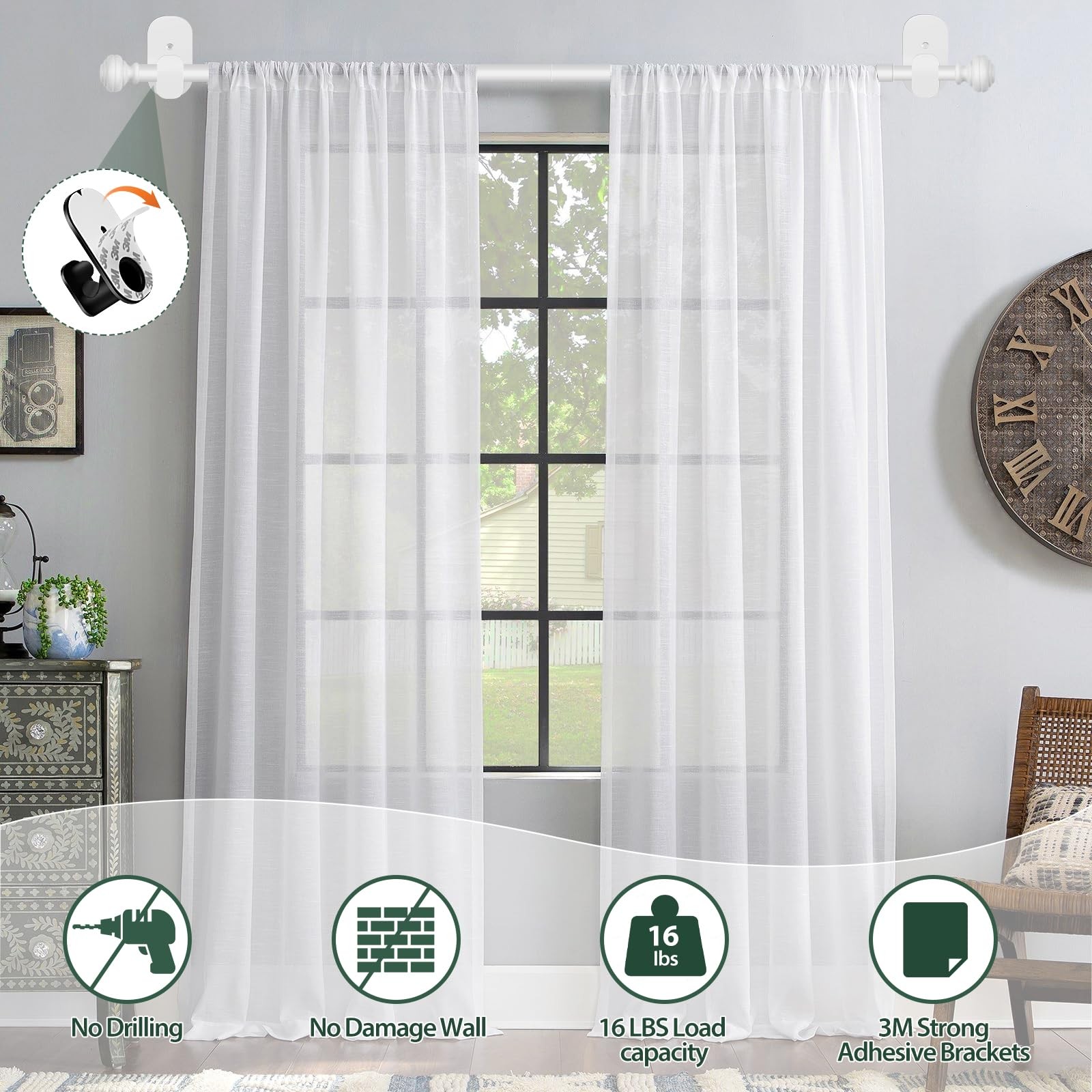 KAMANINA Curtain Rods No Drilling for Windows 32 to 86 Inches, 32-86″, White