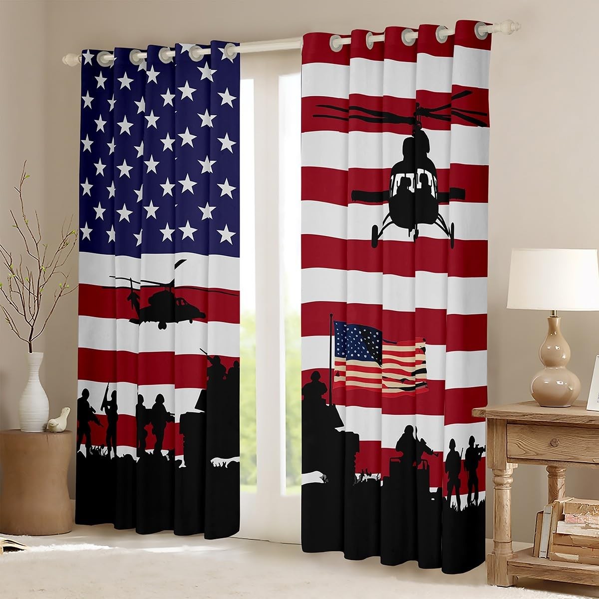 American Flag Curtain Boys Men Soldier Helicopter Tank Window Drapes Red Blue…