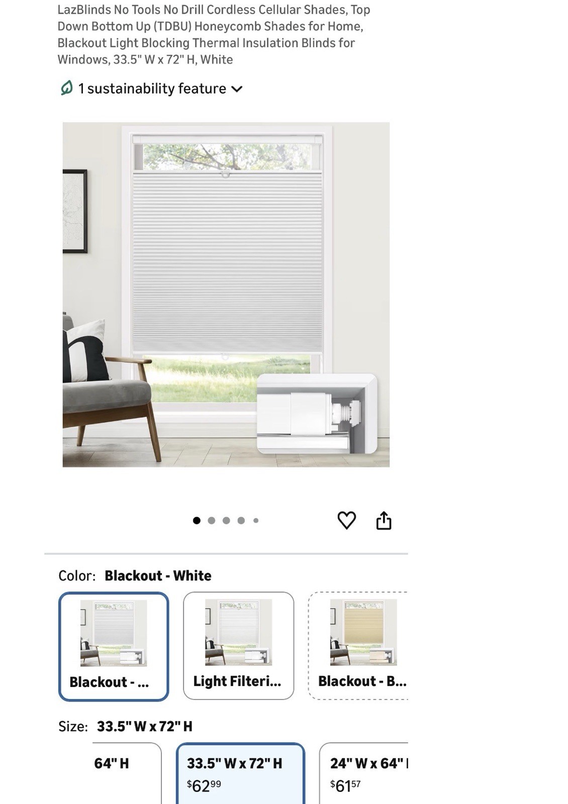 LazBlinds Cordless No Drill Cellular Shade Blackout White 33.5 x 72 in