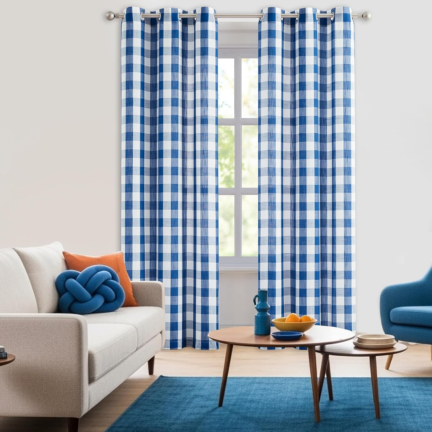 Buffalo Check Semi Curtain Panels Blue White Gingham Curtains Farmhouse Grommet