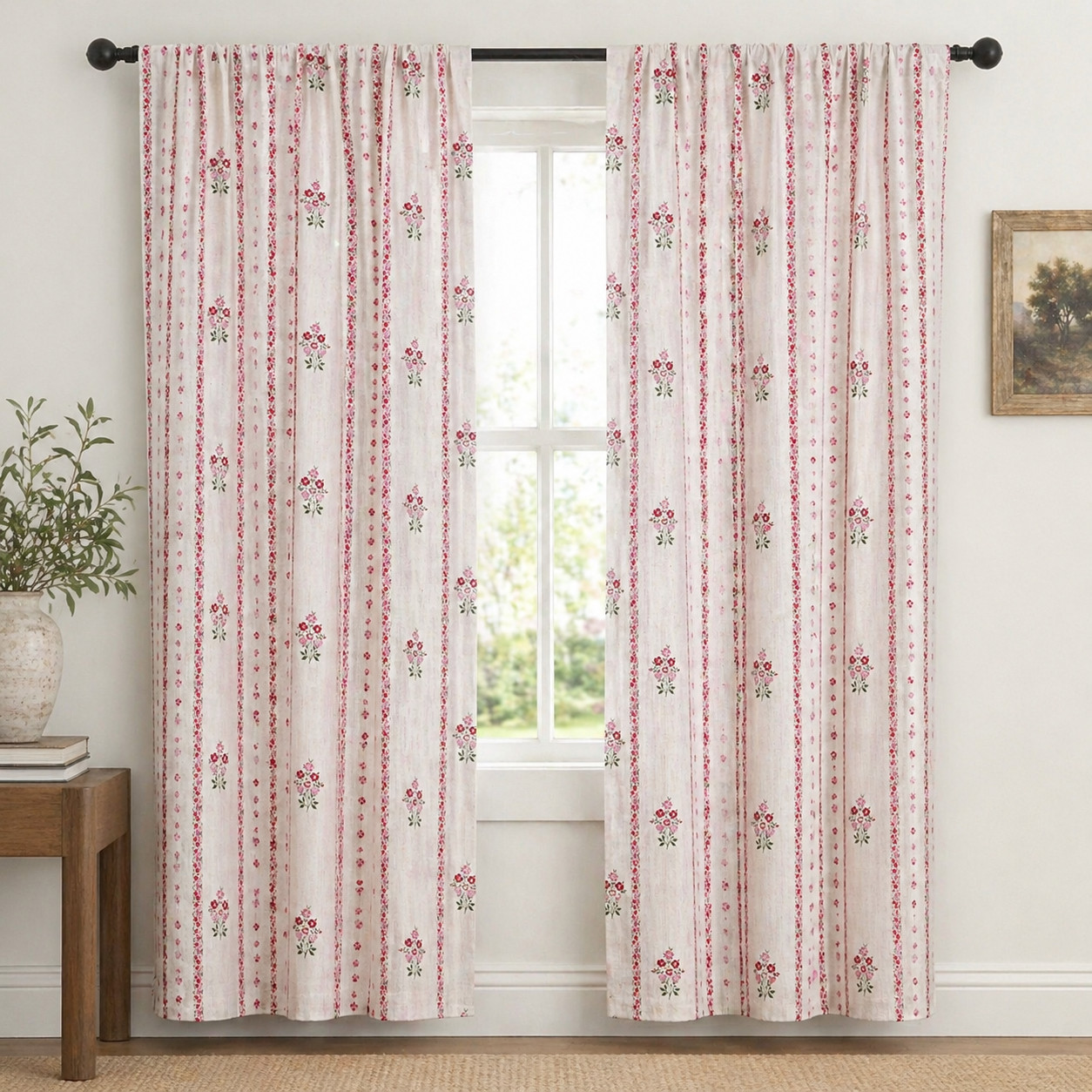 Indigo Fables Set of 4 Petite Floral Cotton Curtains 50×96 Pink White Farmhouse