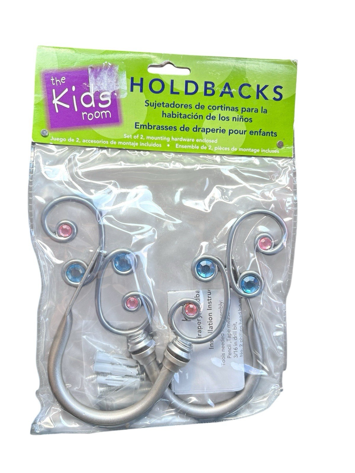 NEW “The Kids Room” Set Of 2 Decorative Curtain Holdbacks Mount Pewter Pink Blue