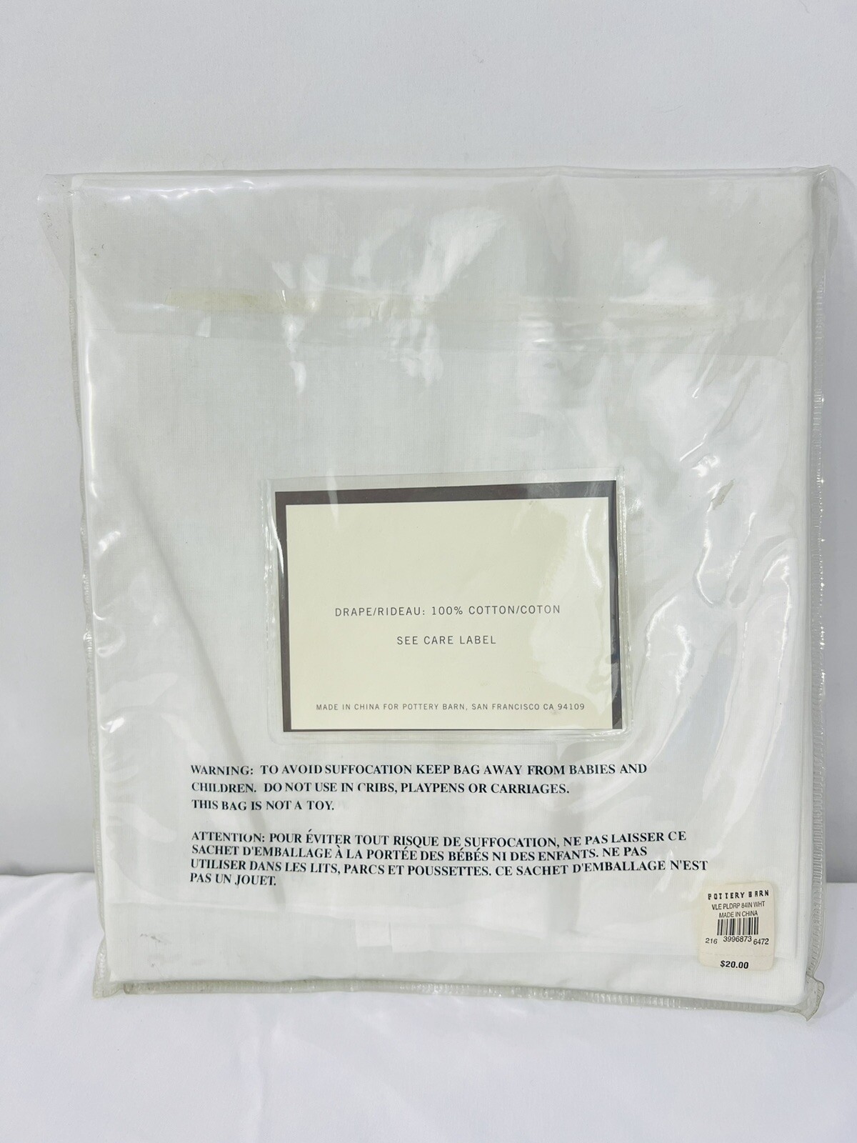 POTTERY BARN Single Solid Voile Drape Curtain Pole Pocket 44×84” New White