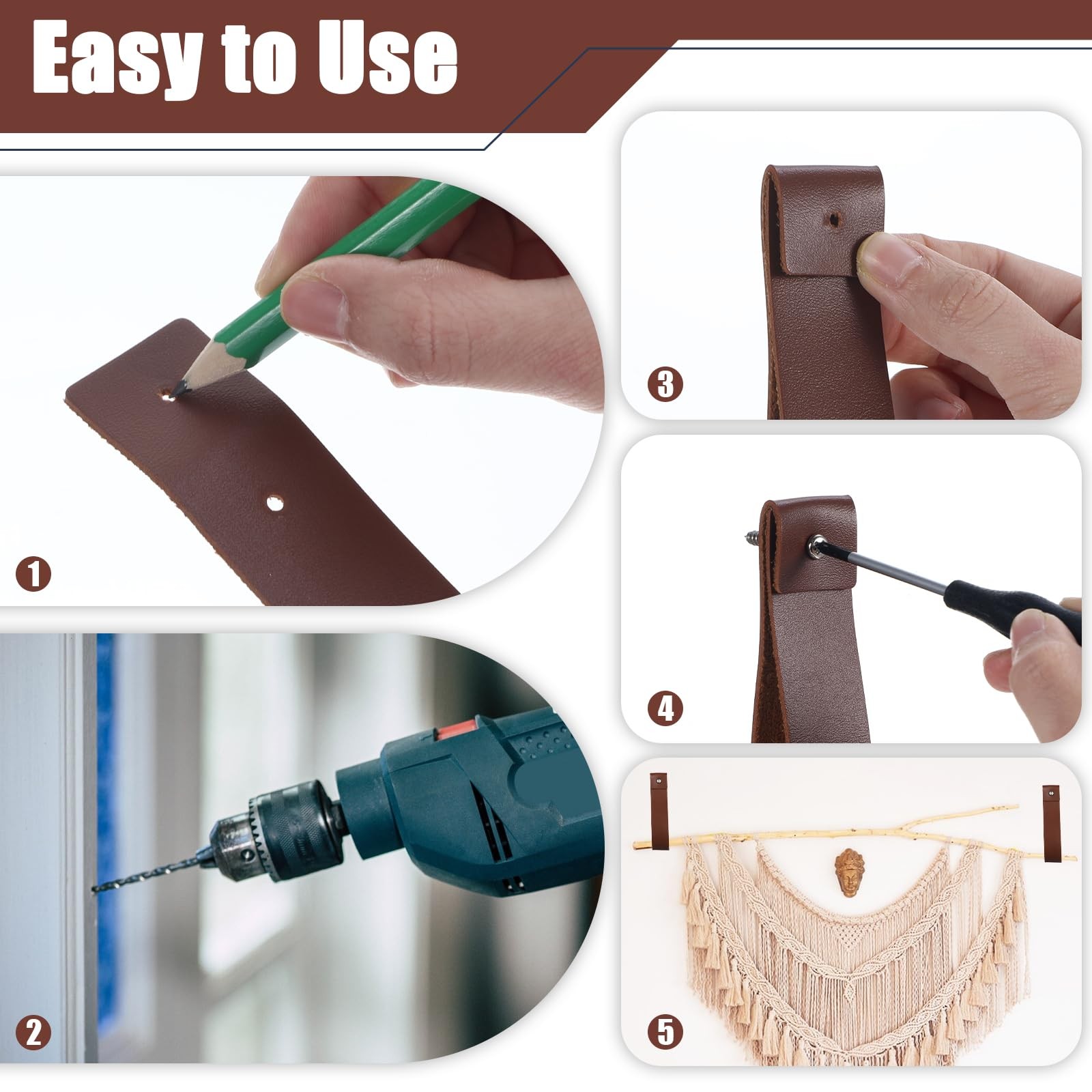 10pcs PU Leather Straps for Hanging Wall Hooks 1 x 4.7 Inches Curtain Rod Hol…