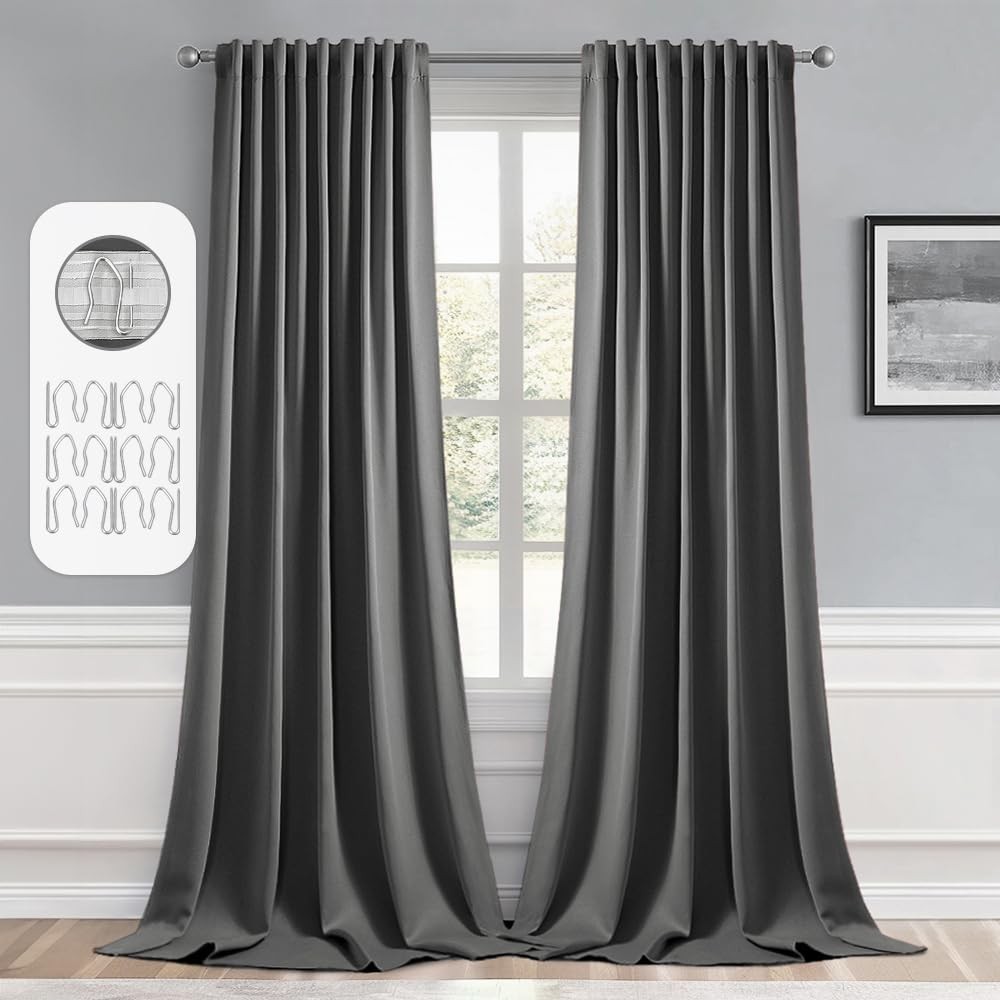 Back Tab Grey Blackout Curtains 120 Inch Long 2 Panels Set for Living Room Be…