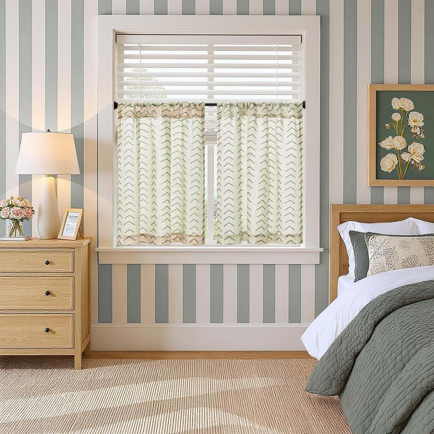 Boho Linen Blend Kitchen Curtains 24 Inch Length Herringbone Printed Tier Curtai