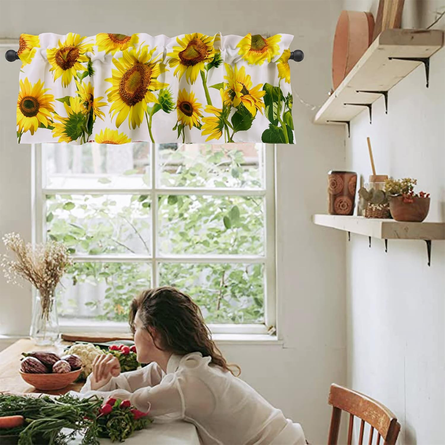 Yellow Sunflowers Kitchen Valances for Windows Farmhouse Valance Rod Pocket 52″x