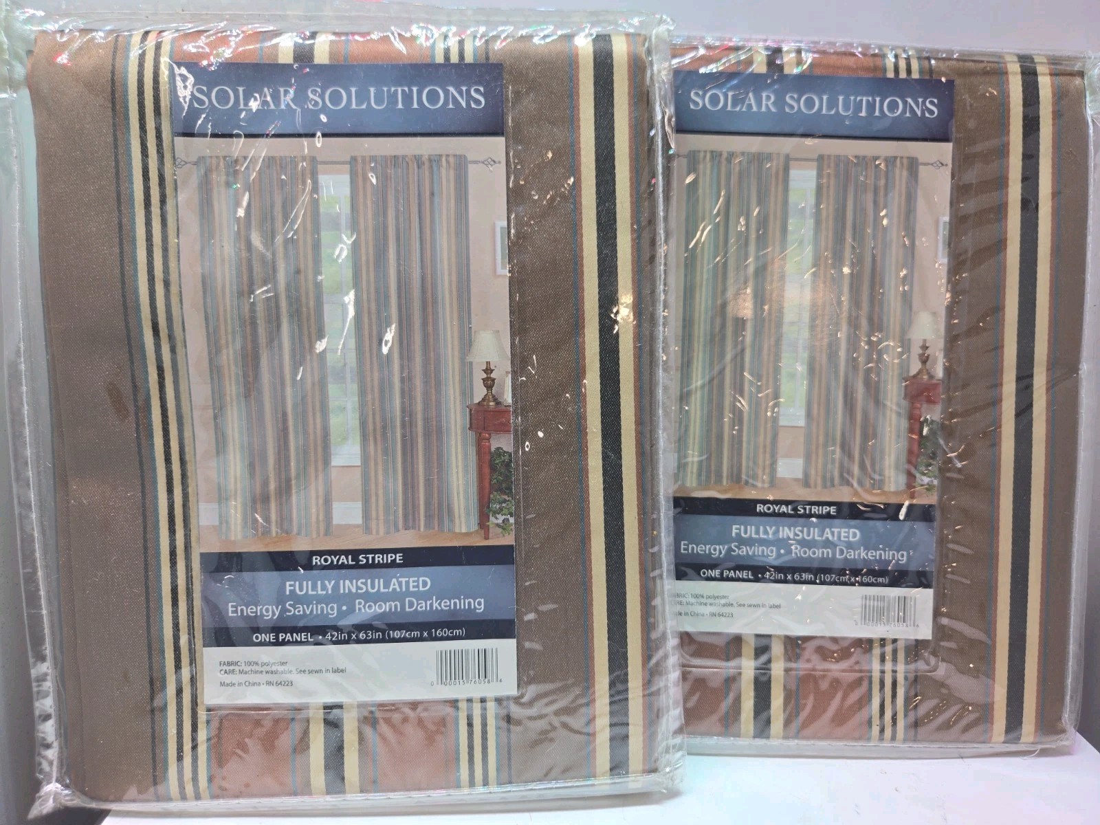 Lot of 2 Solar Solutions Royal Stripe Curtain Panels 42×63 Room Darkening NIP