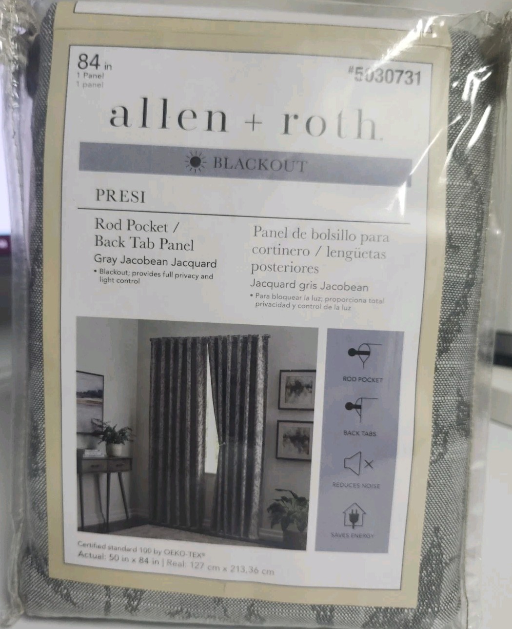 allen + roth 50×84-in Grey Blackout Thermal Lined Back Tab Single Curtain Panel
