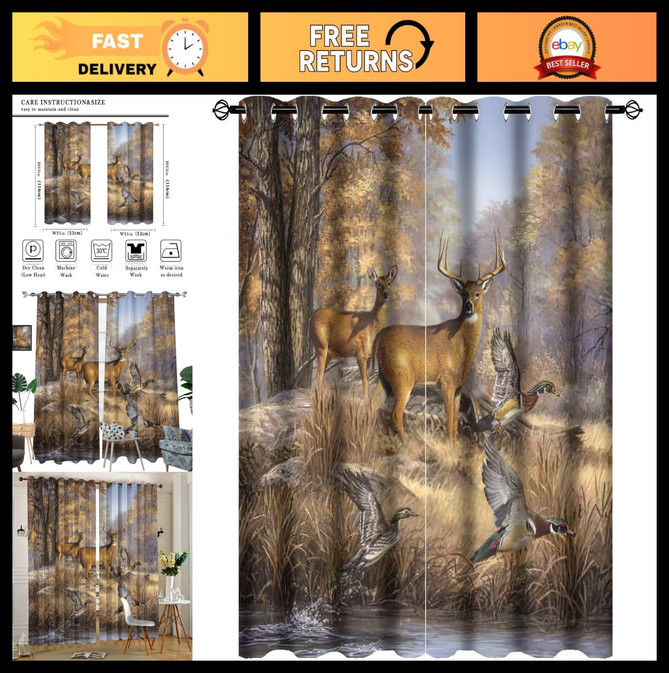 Rustic Deer Blackout Curtains – Vintage Farmhouse Wildlife Print, Thermal Insula