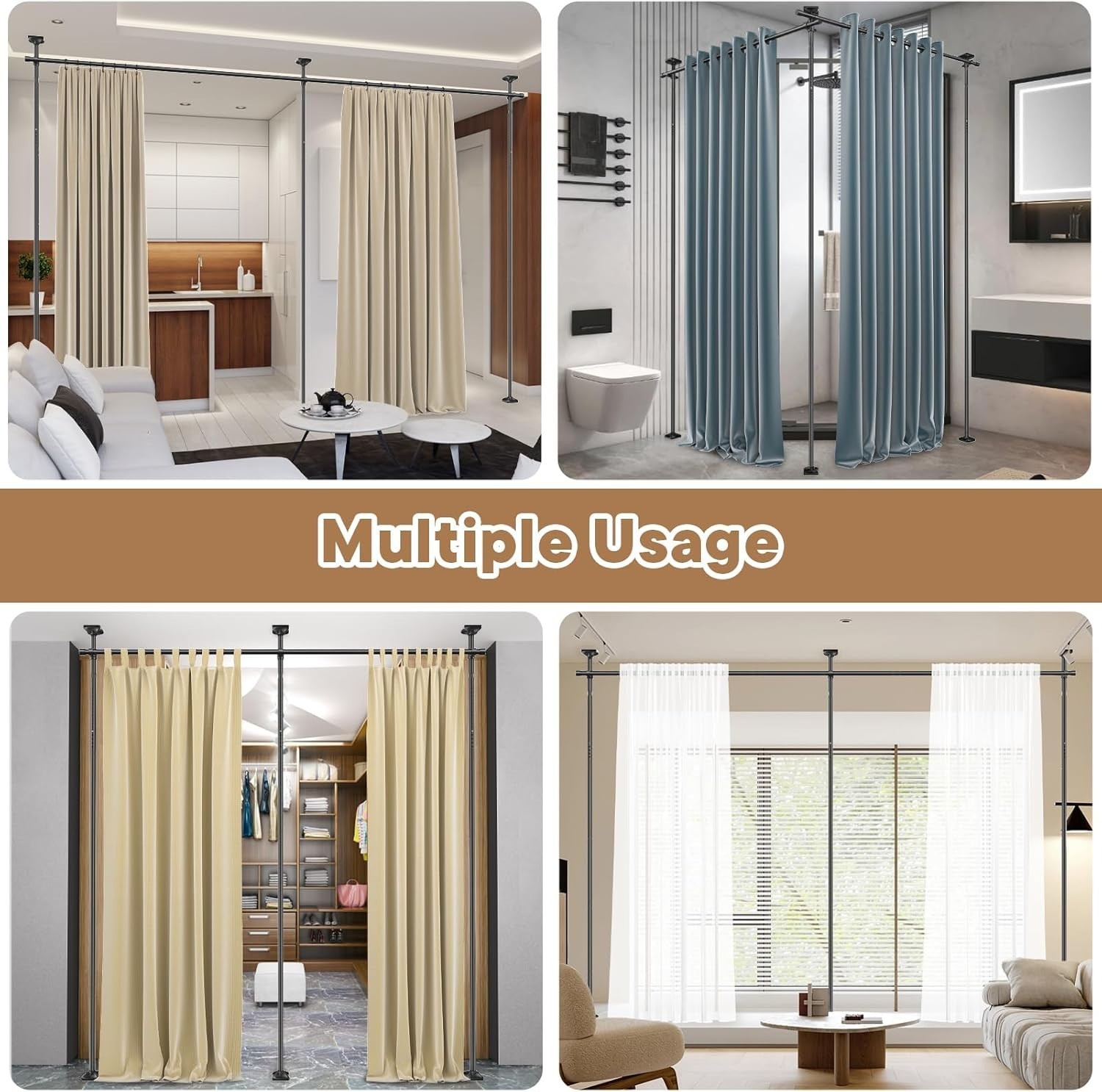 Room Divider Curtain Rod No Drilling Tension for Separation Tension Mounted New