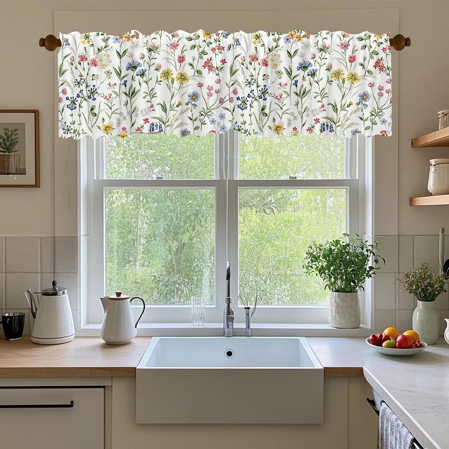 54×18 Inches Watercolor Floral Window Treatment Valance Farmhouse Wildflowers