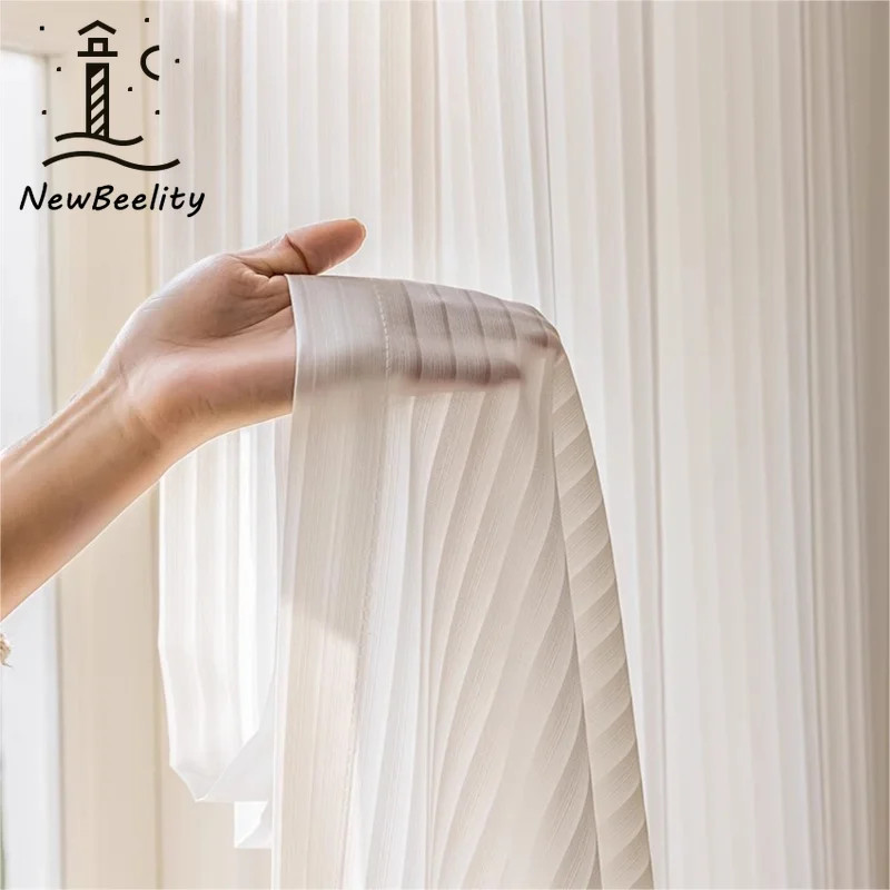 White Striped Sheer Curtain Panel Japanese Minimalist Tulle Window Drapes