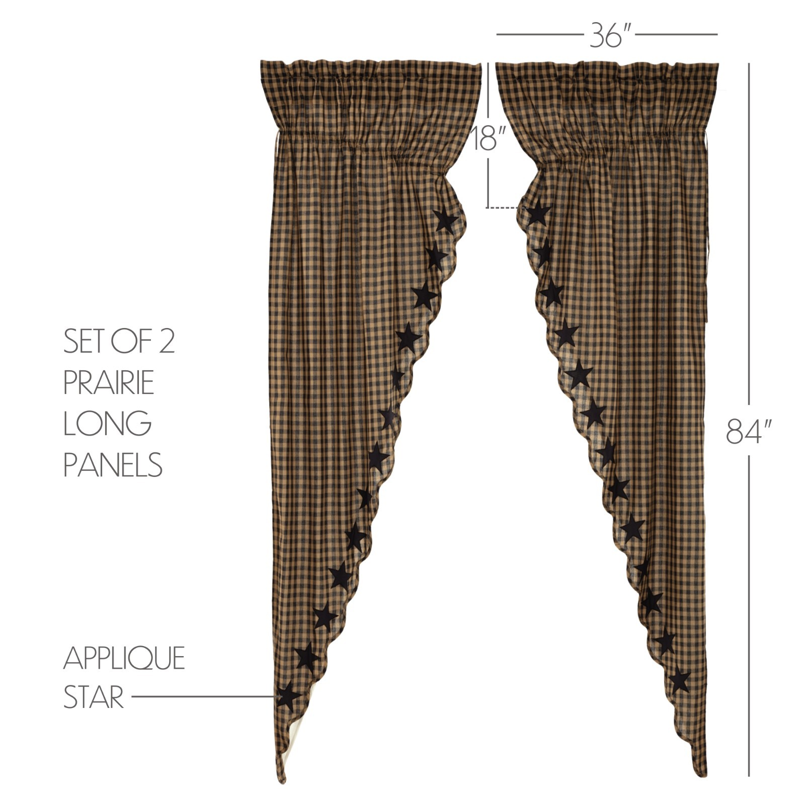 Black Appliqued Star Check Lined Cotton Country Gathered Long Prairie Curtains