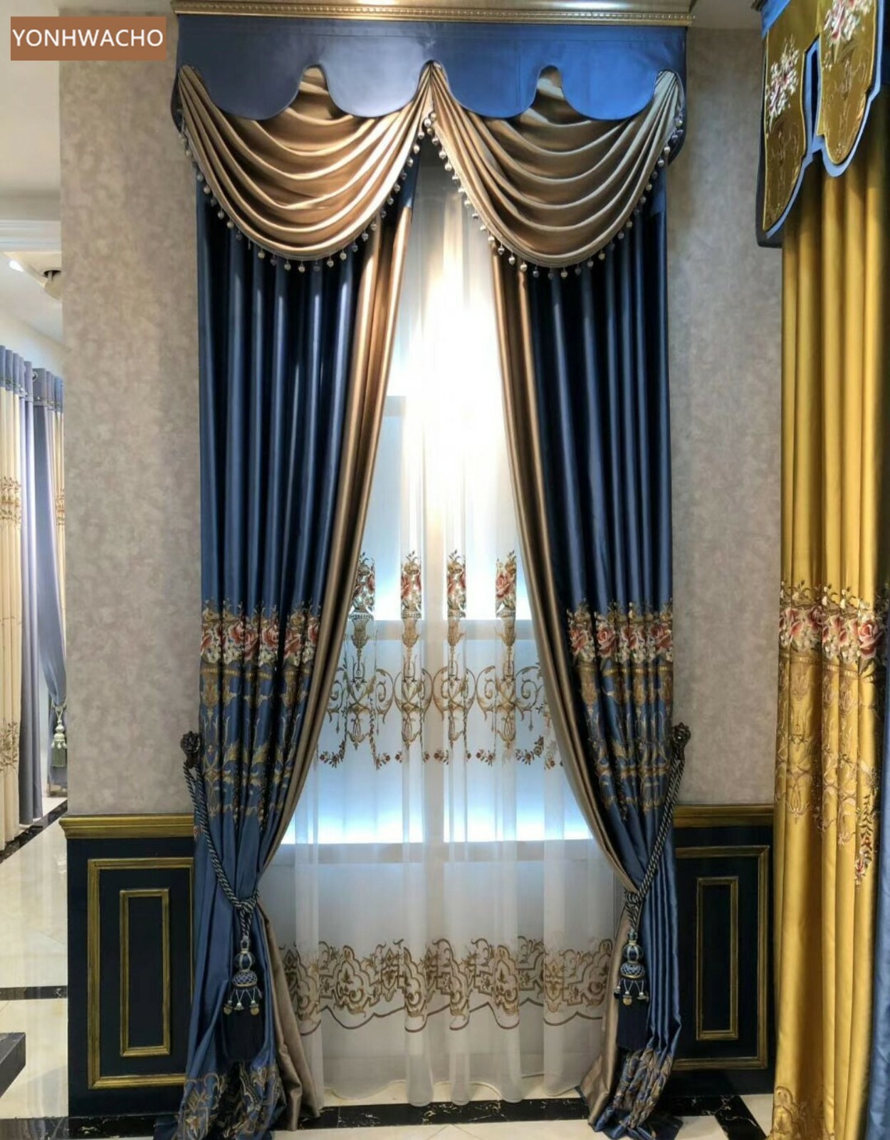 high-precision embroidered blue cloth curtain valance tulle drapery C762