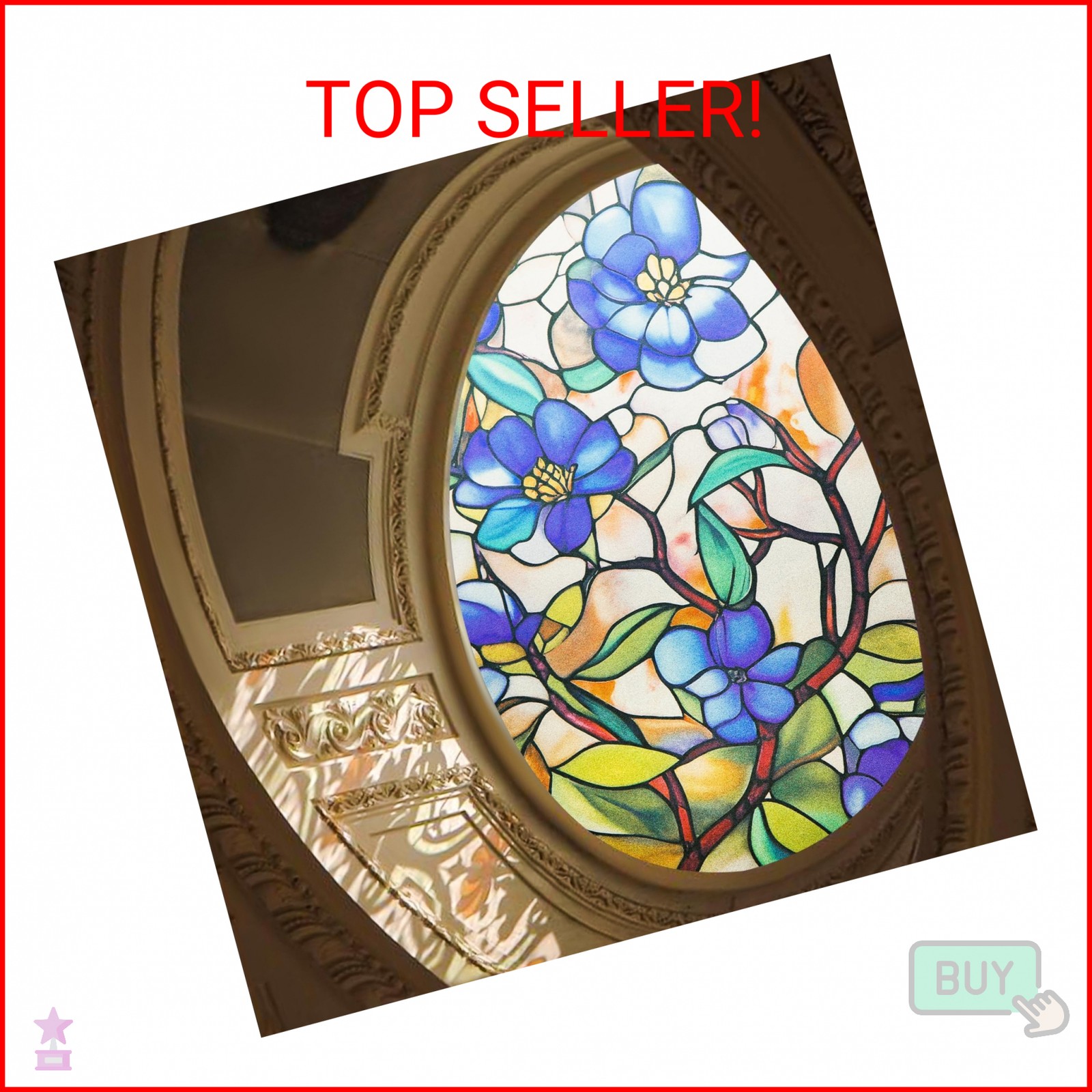 Window Privacy Film – Stained Glass Style Floral Window Clings for Home Decor, U