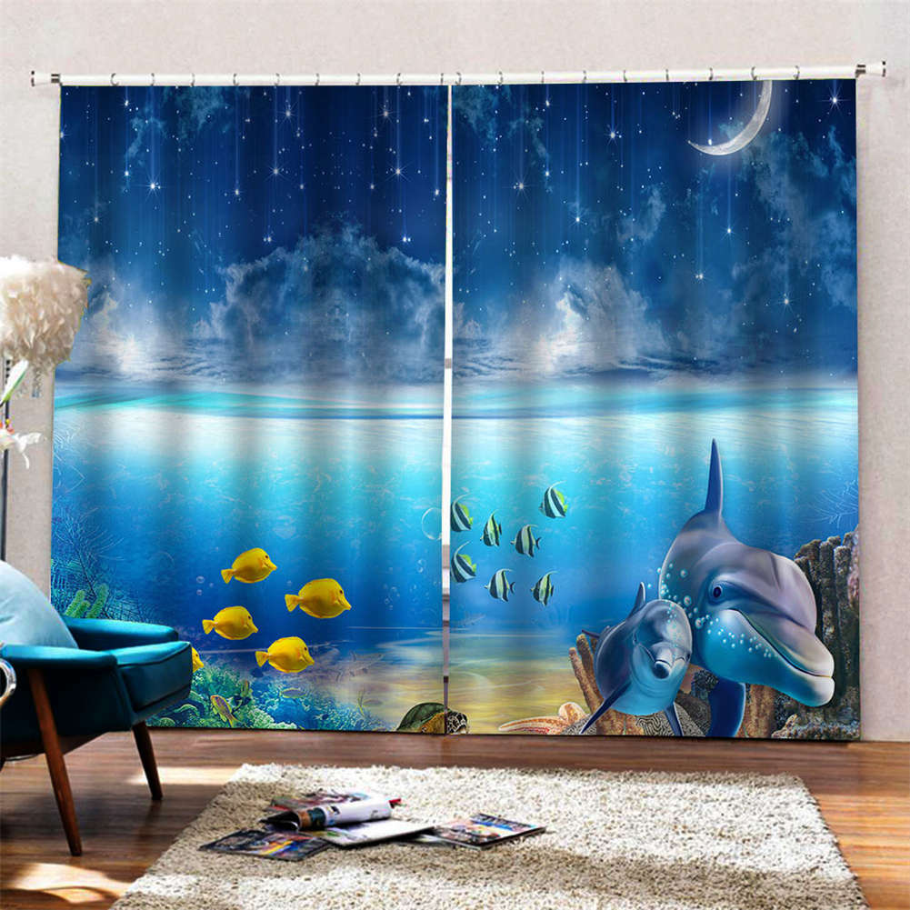 Yellow Bubble Fish Sand Blue Water Printing 3D Blockout Curtains Fabric Window