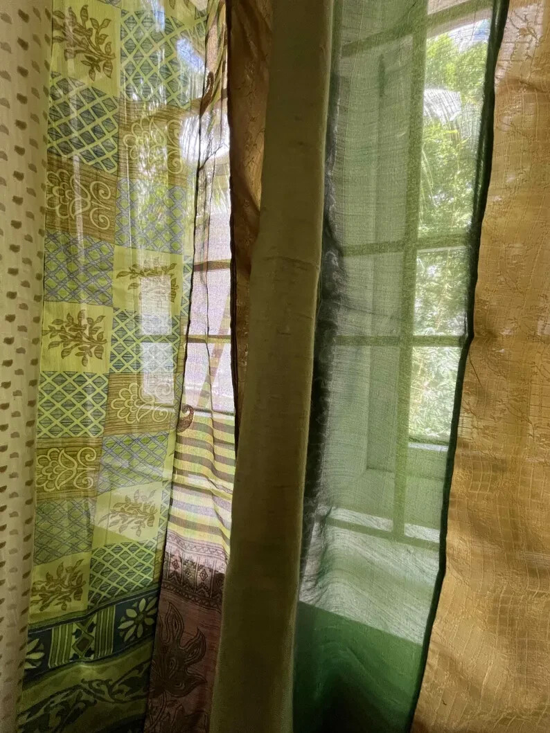 2 Pc Indian Old Recycle Silk Saree Boho Multi Curtain Door Drape Decor Curtain