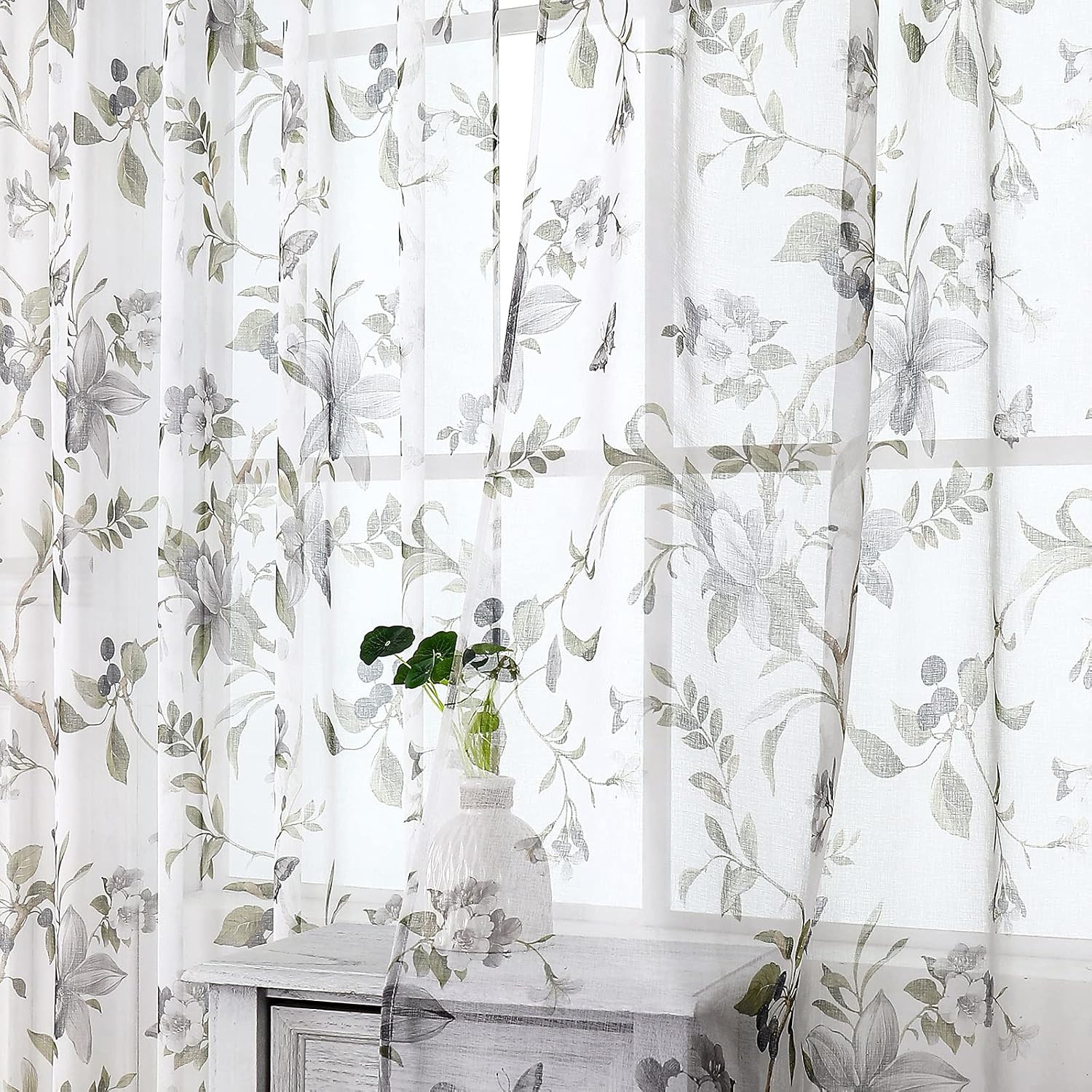 Floral Sheer Tier Curtain Grey Cherry Flower Butterfly Print Half Curtains Kitch