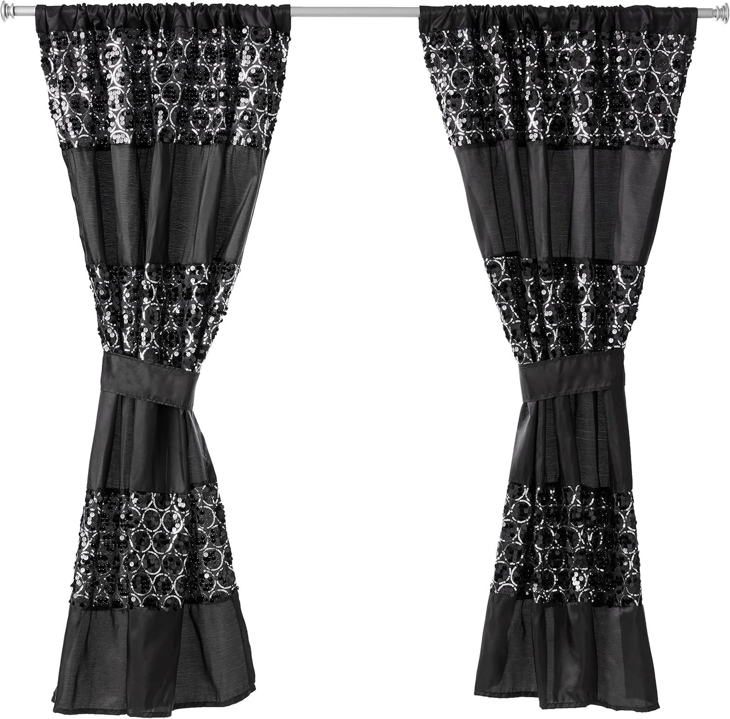 Sinatra Sequin Window Curtain with Tiebacks, Black, 36X54 Inches