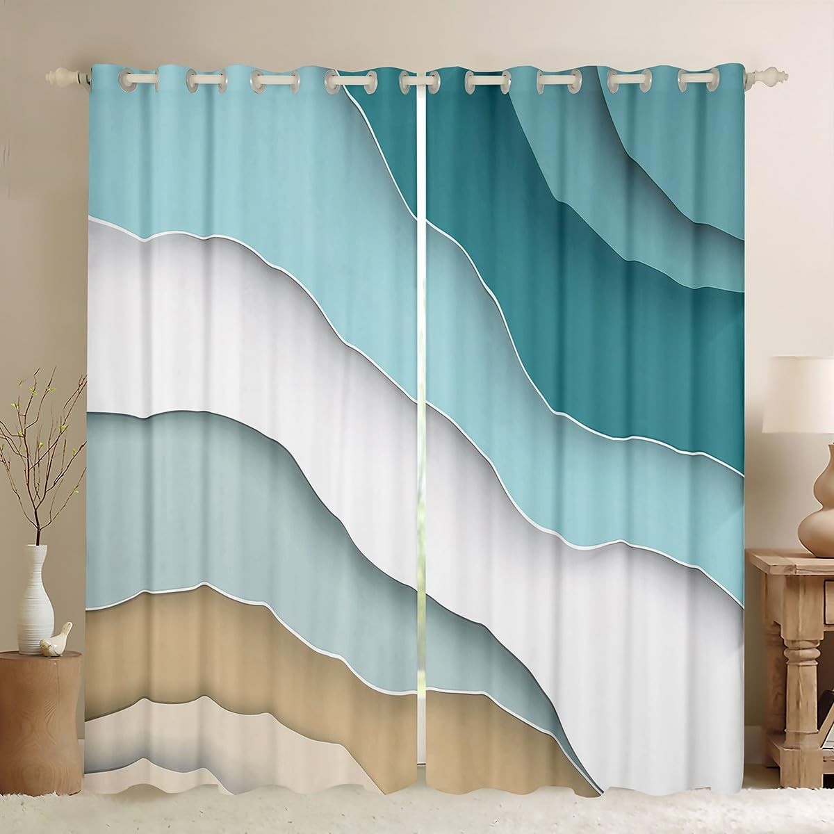 Homewish Abstract Ombre Window Curtain Ocean Waves Curtains Decor Blue Sea And