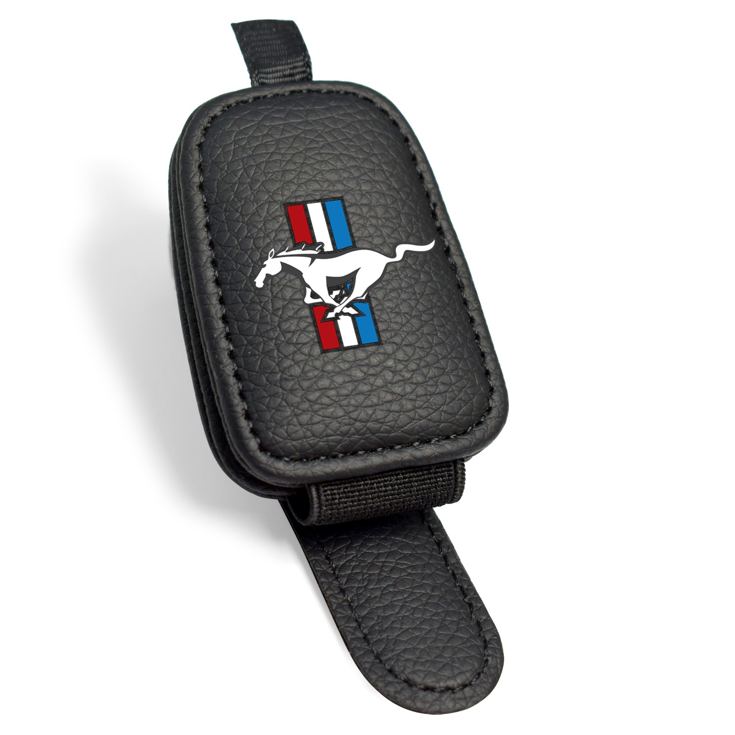Ford Mustang Tri-Bar Rectangle Black Leather Magnetic Sunglass Sun Visor Holder