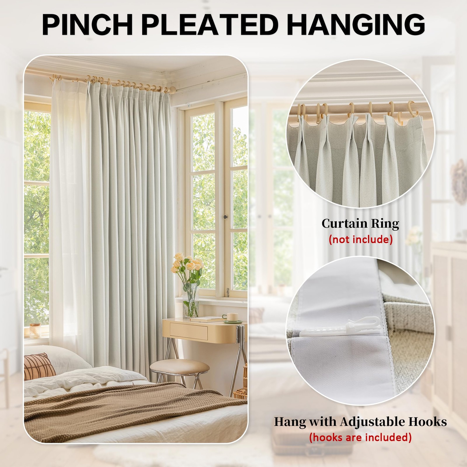 Huto White Pinch Pleated Curtain 52W X 84L Inches Faux Linen Full Blackout
