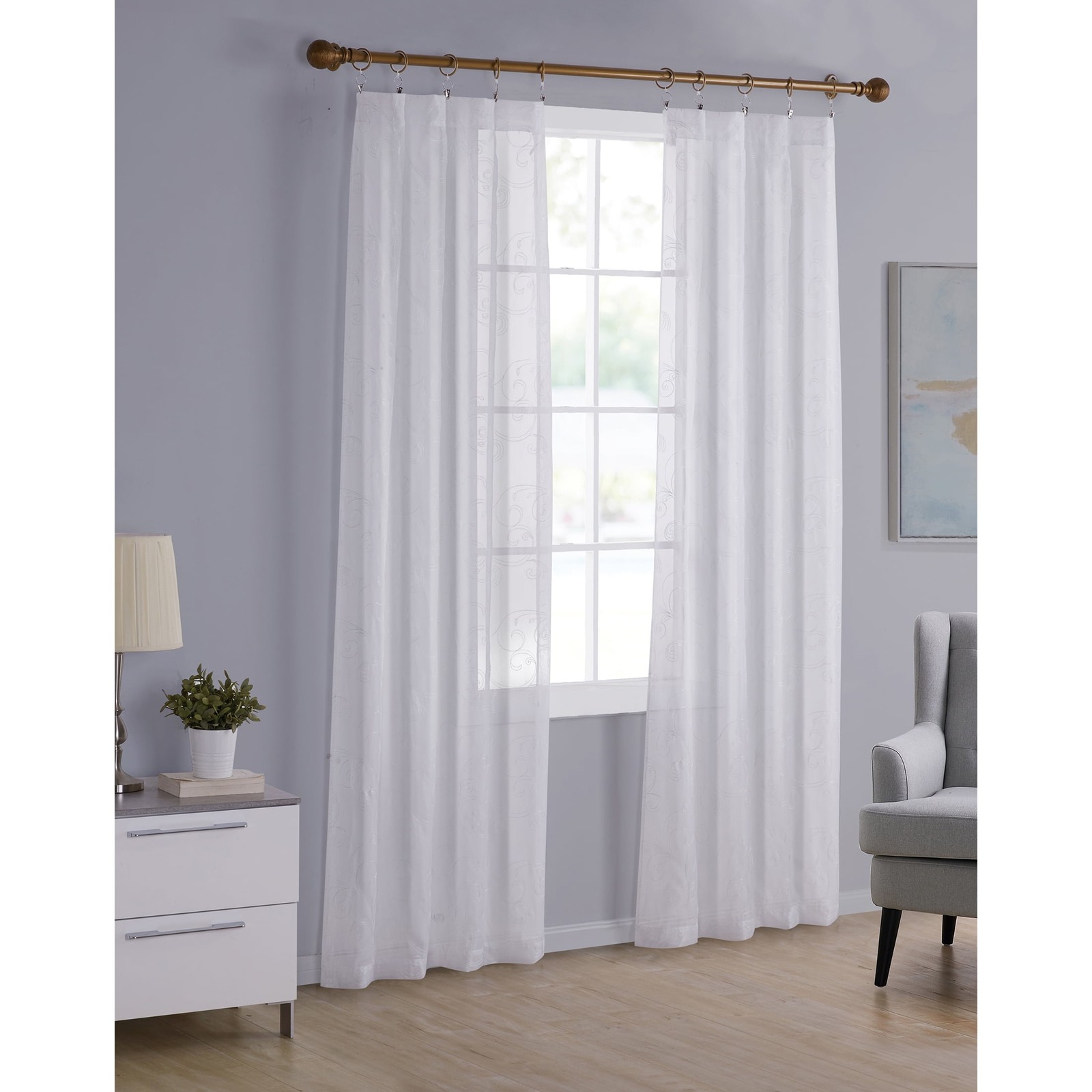 Scroll Rod Pocket Sheer Curtain Panel, 1-Piece, White/Grey, 38″ W x 63″ L