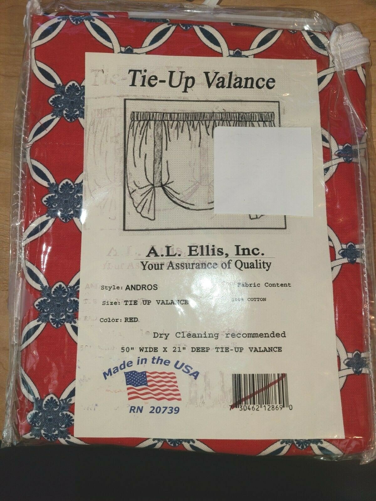 A.L. Ellis Scallop Andros 50″ x 21″ Tie-Up Window Valance in Red/Blue