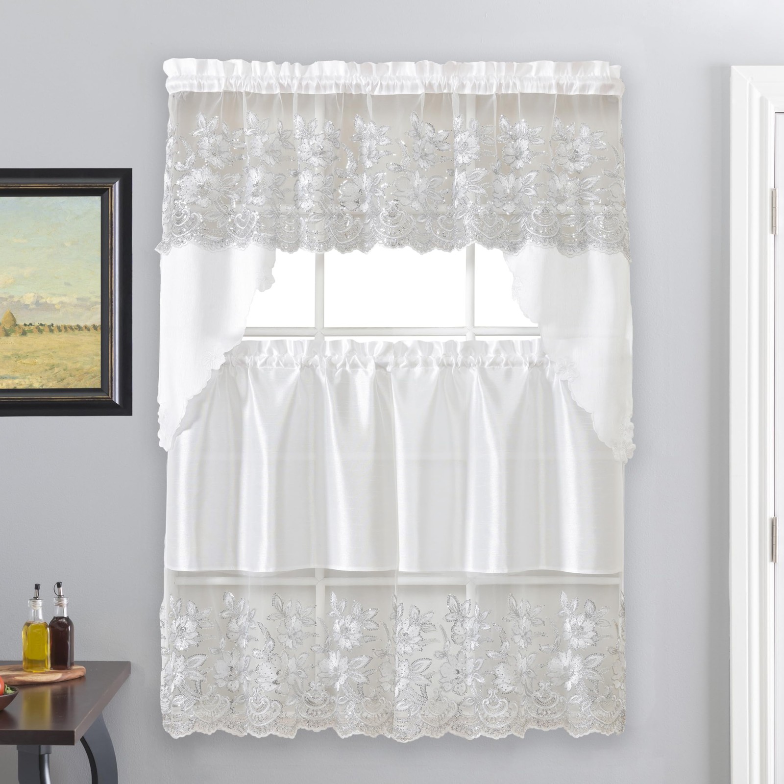 Linen 3-Piece Sequin Embroidered Café Curtain Set