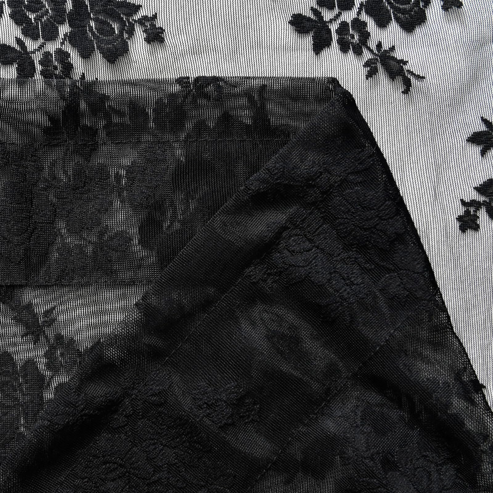 Black Lace Sheer Curtains 42 x 54 Inch 2 Panels Rod Pocket Vintage Privacy