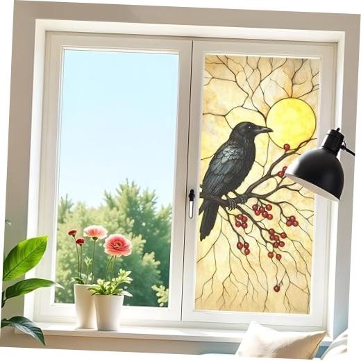 Frosted Window Privacy Film 17.5×39.4 Inch Decorative Static Cling Black Bird