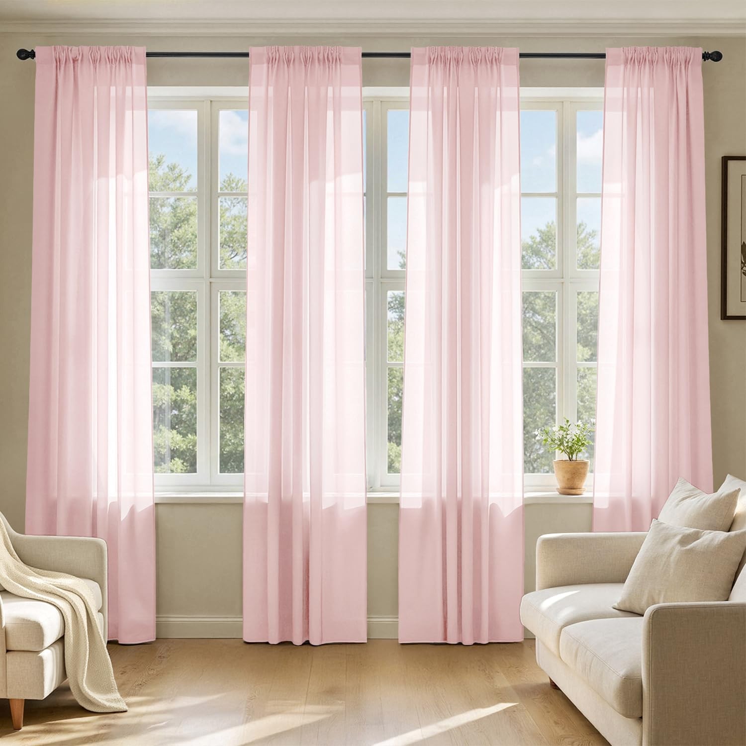 Blush Pink Sheer Curtains 84 Inches Long, 4 Panels Set, Light Filtering Rod P…