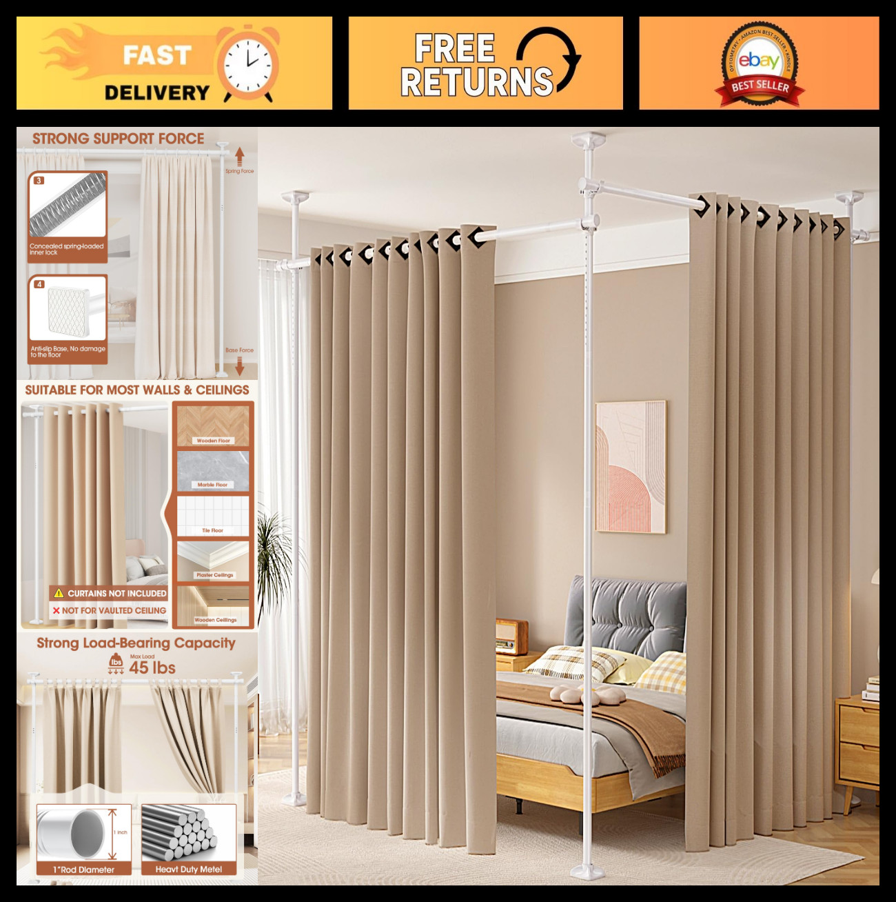Adjustable Room Divider Curtain Rod – No Drill Wall Partition, 4-10ft Height, 28