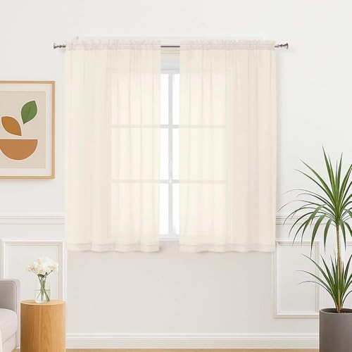 Sheer Curtains 45 Inch Length 2 Panels Set for 42″W x 45″L (Pack of 2) Cream