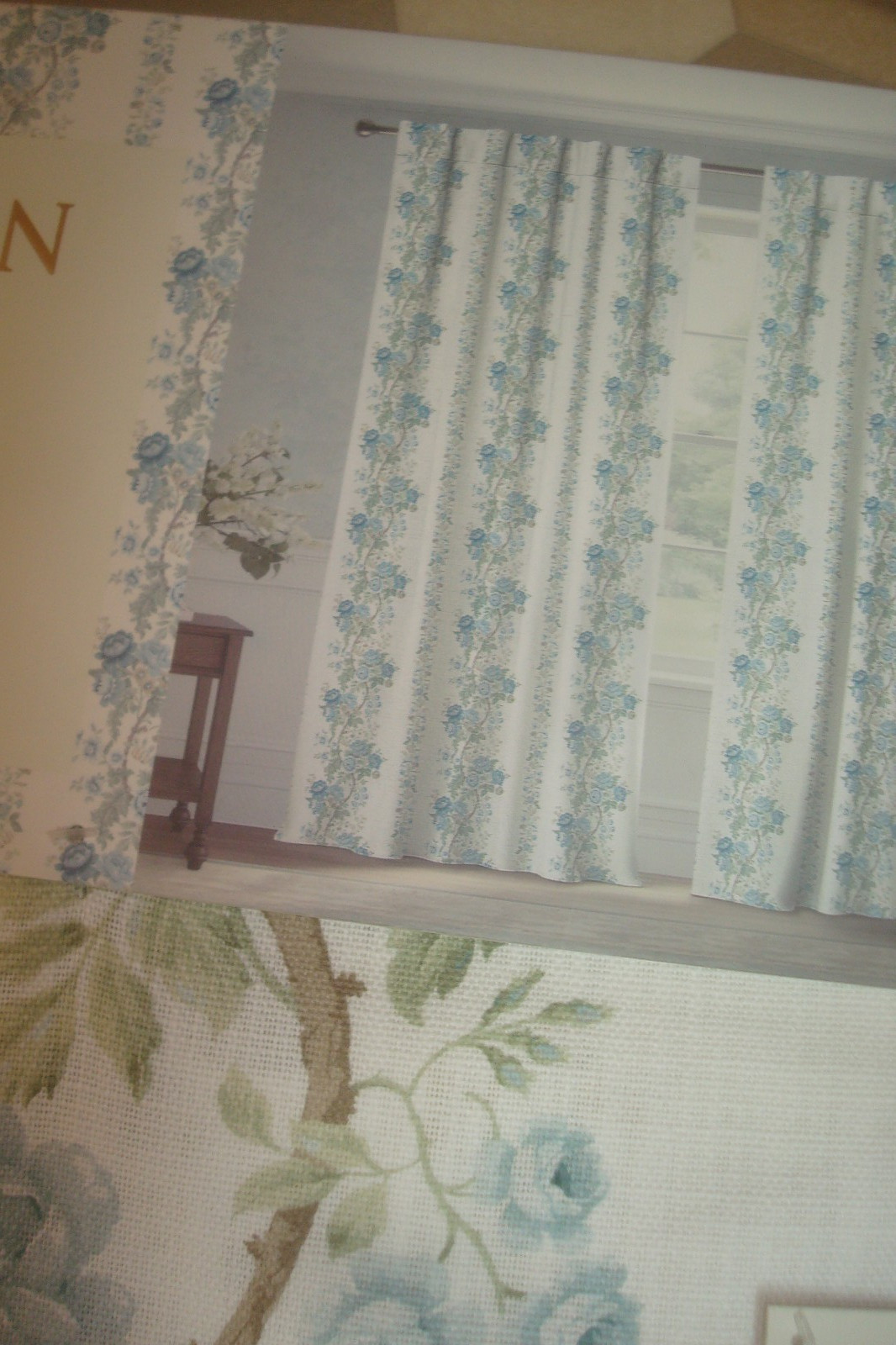 NWT Sanderson 2 pc Window Curtain Panels Hykenham Floral Aqua Blue Cotton 84″ lg