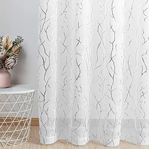 Silver White Sheer Curtains 84 Inches 52″W x 84″L (Pack of 2) White Silver