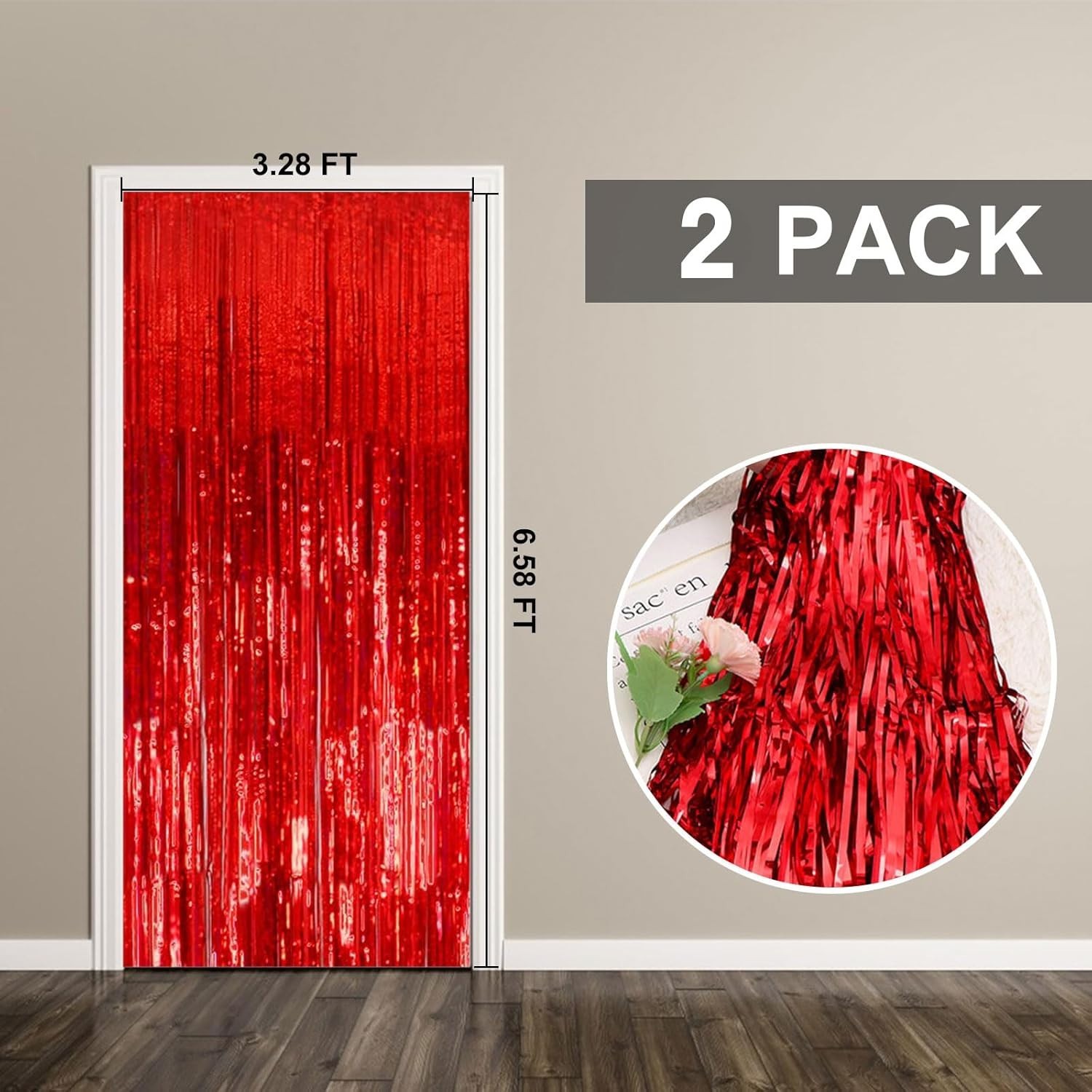 2 Pack Foil Curtain Backdrop Red Metallic Tinsel Foil Fringe Curtains Photo B…