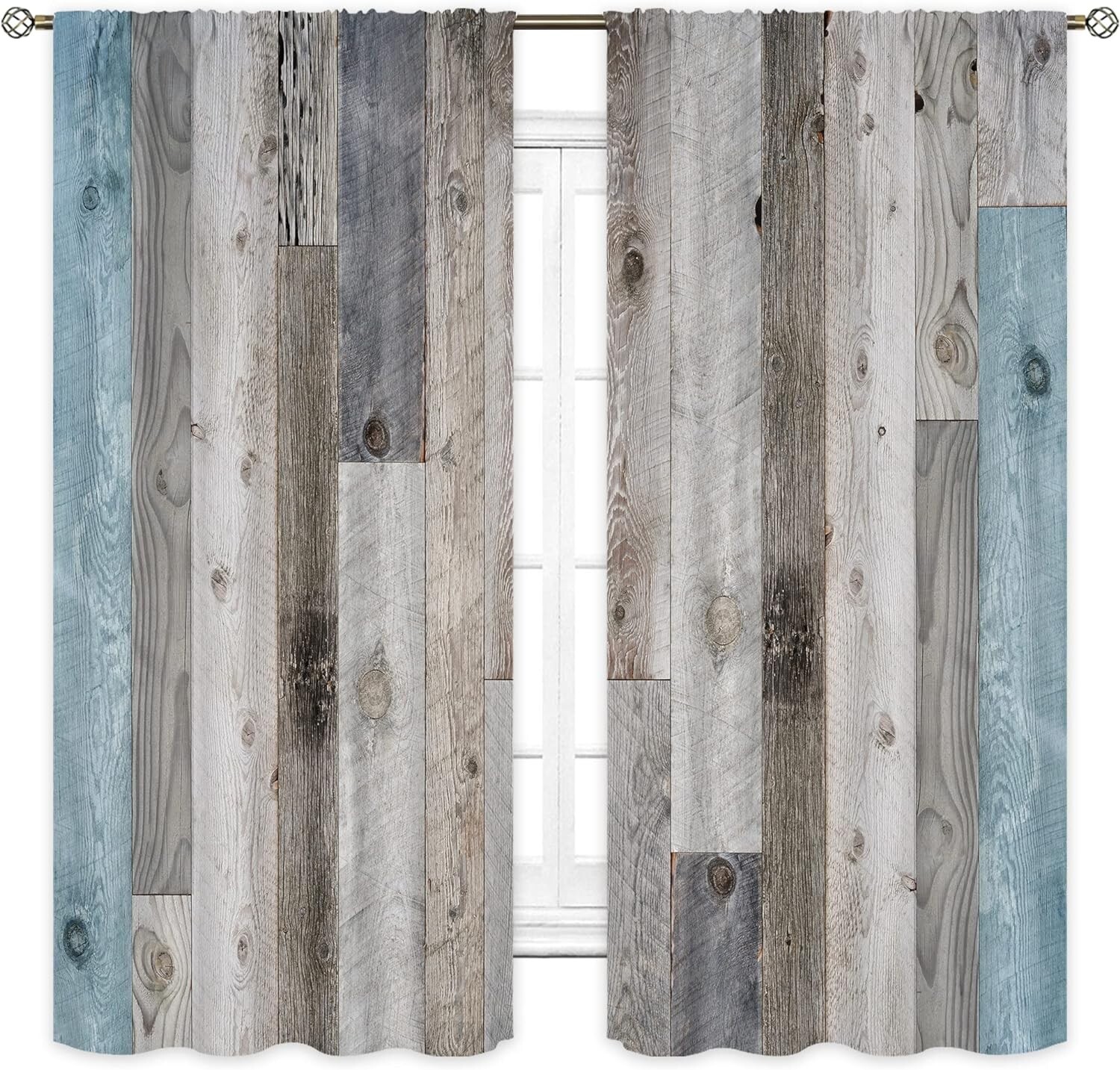 Farmhouse Curtains 42Wx63H Inch Rod Pocket Rustic Blue Gery Wood Barn Door Count