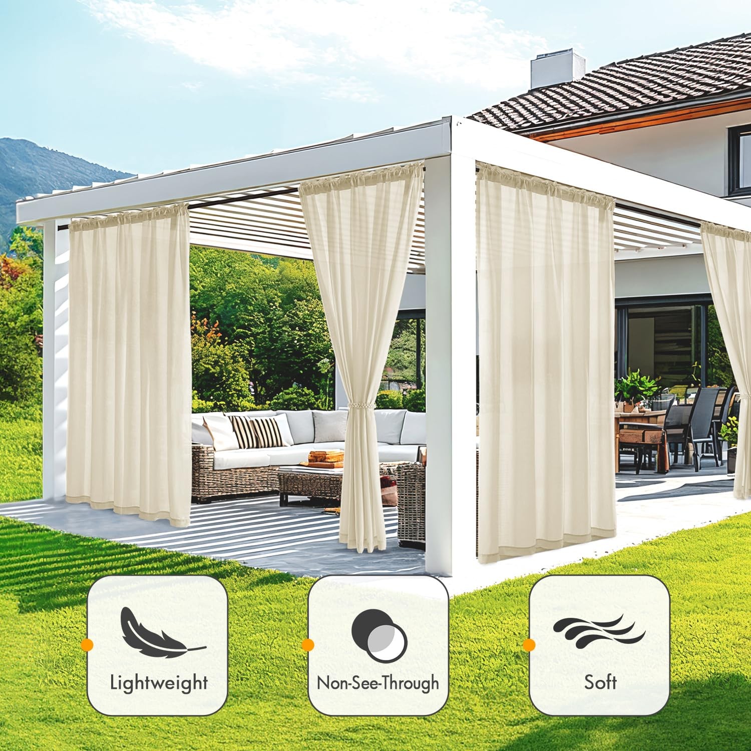 Cream Beige Privacy Outdoor Curtains Waterproof Non-See-Through Semi Sheer 2 …