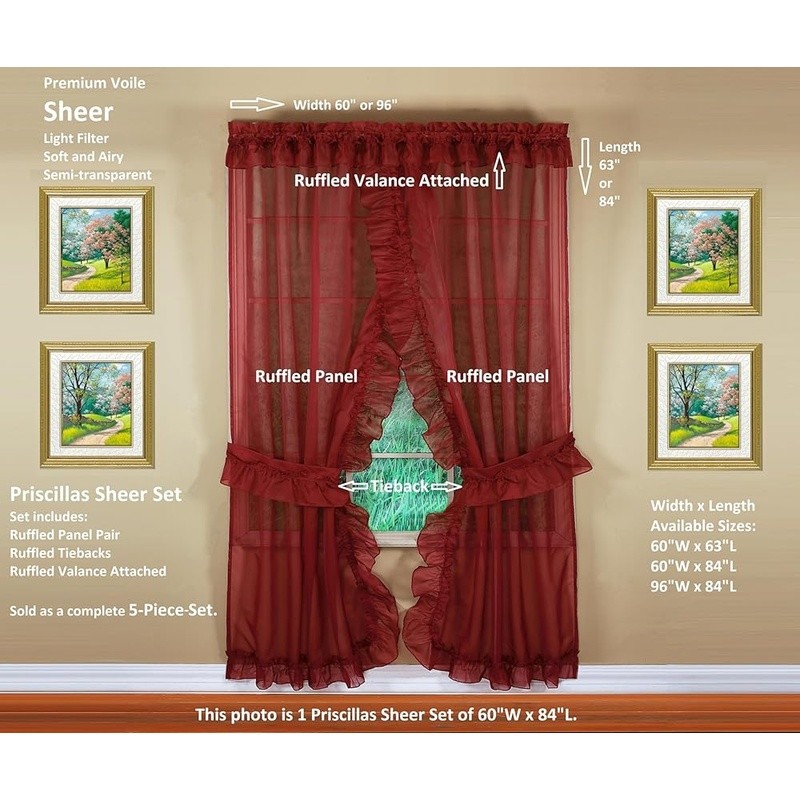 Premium Voile Sheer Ruffled Curtain Set W/ Tiebacks Valance 2 Panels 5 Pieces US