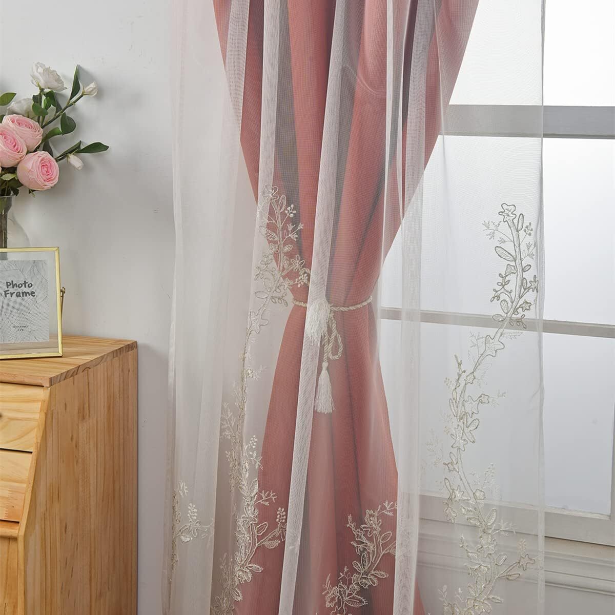 2Panels Double Layer Curtains with Embroiered Sheer, Grommet 52x84inch,Tangerine