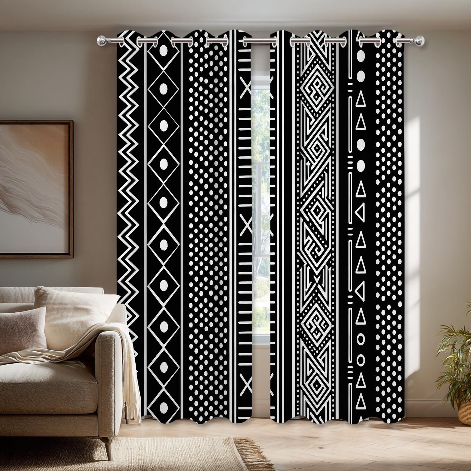Traditional African Geometric Blackout Window Curtains, Black and White Triba…