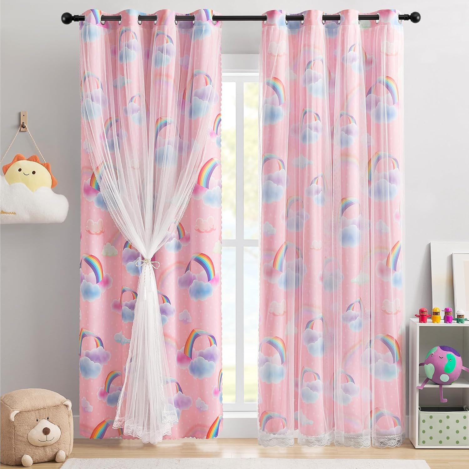 Pink Curtains for Girls Bedroom 2 Panels 63 Inches Long Cute Double Layer