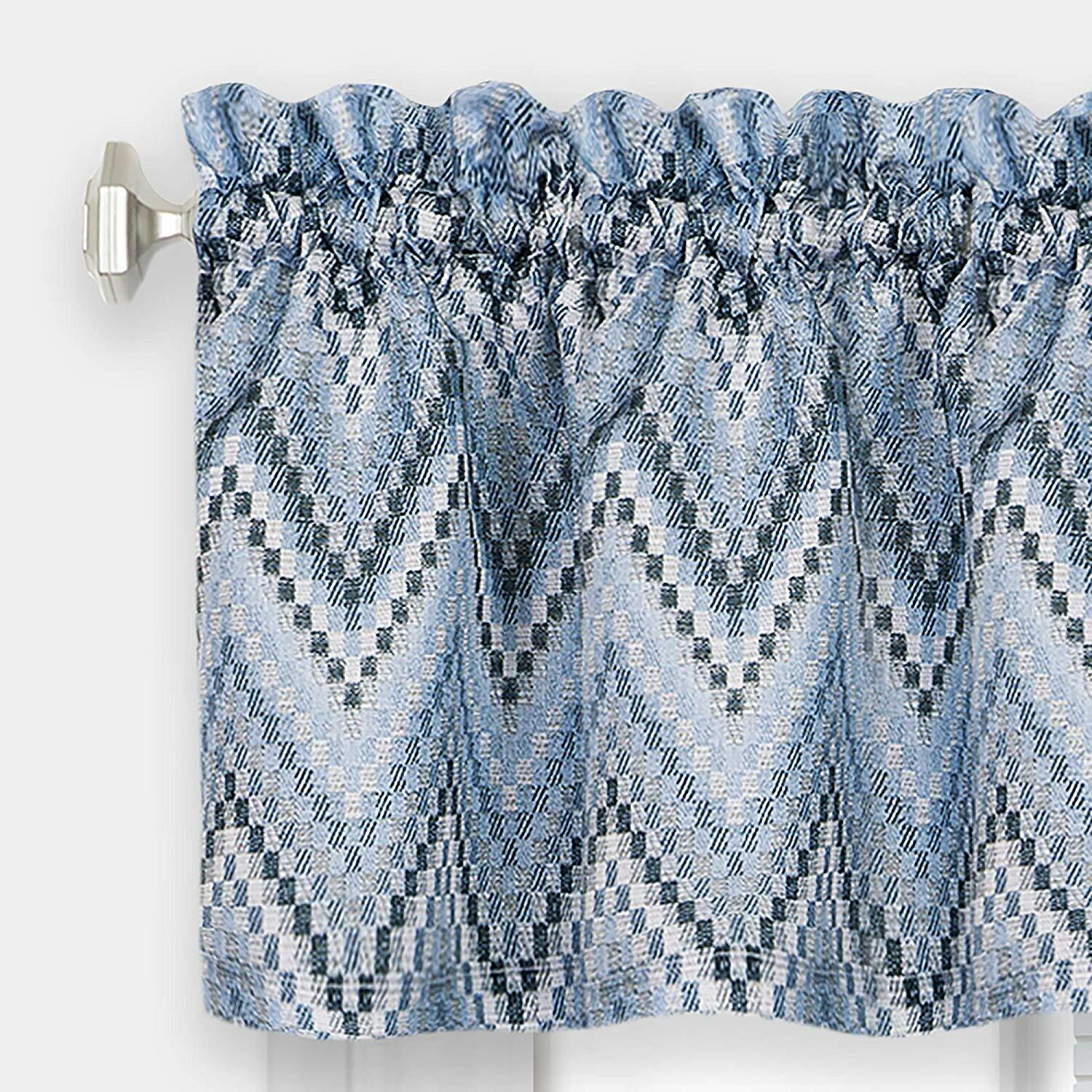 3-Piece Geometric Window Kitchen Curtain Set Tier Panel & Valance, Ice Blue
