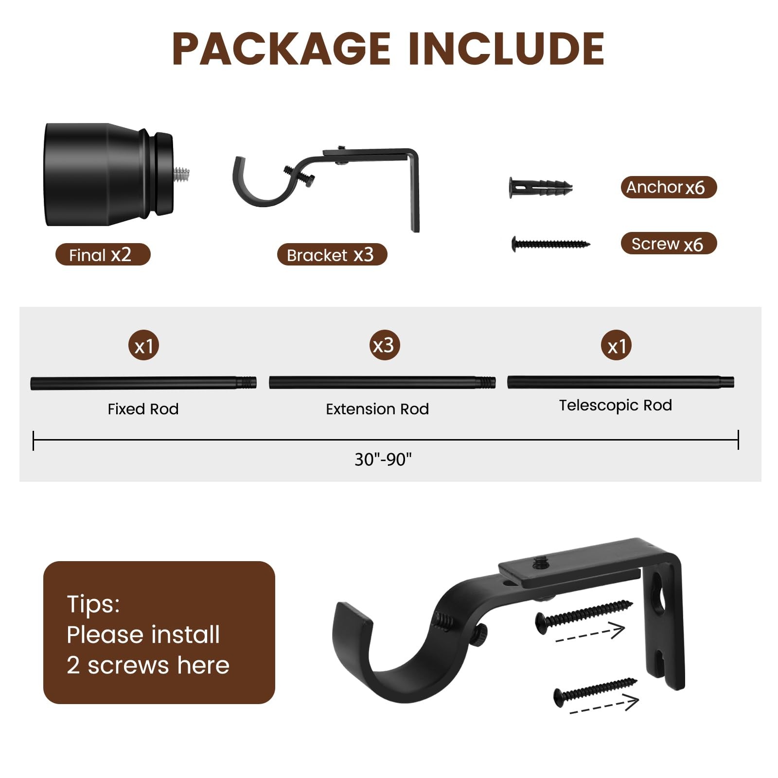 1” Diameter Matte Black Curtain Rods Itself is 30 to 90 inch, 1 Pack Fit 30-8…