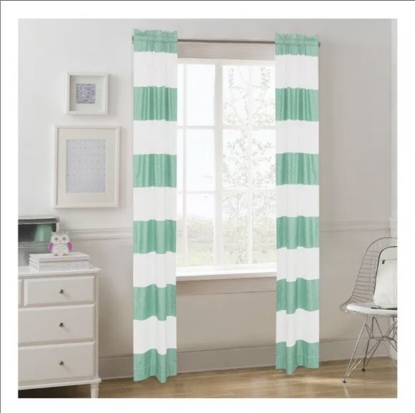 Your Zone 84″ Room Darkening Curtain Panels Mint Green Stripe Bedroom Living NIP