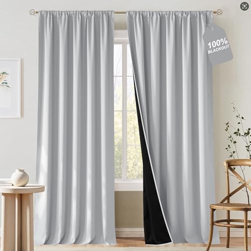 100% Blackout Curtains 96 inches, Rod 52″W x 96″L (Pack of 2) Greyish White