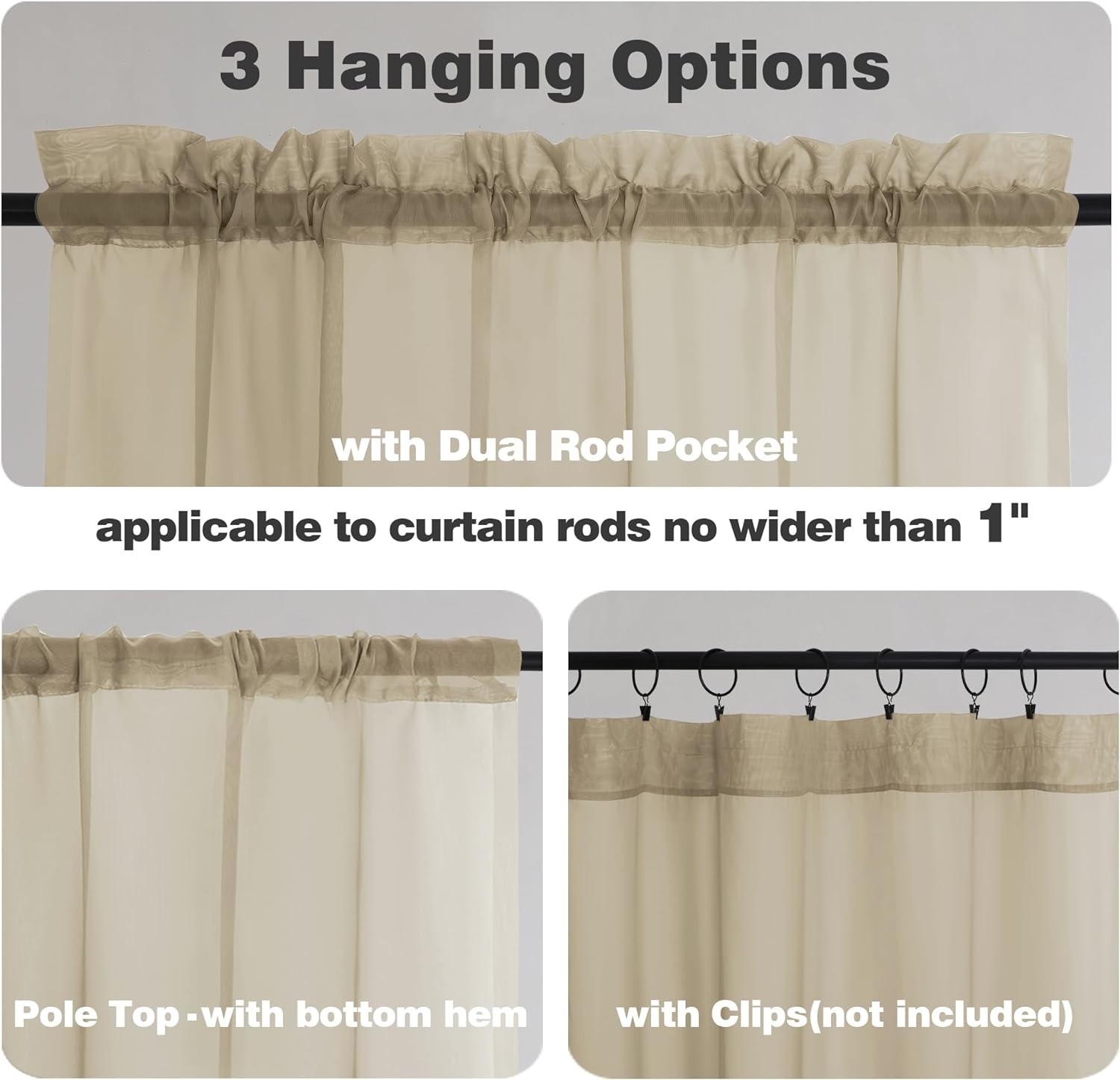 Sheer Valances for Windows 2 Pack, Small Window 42″W x 14″L (Pack of 2) Taupe